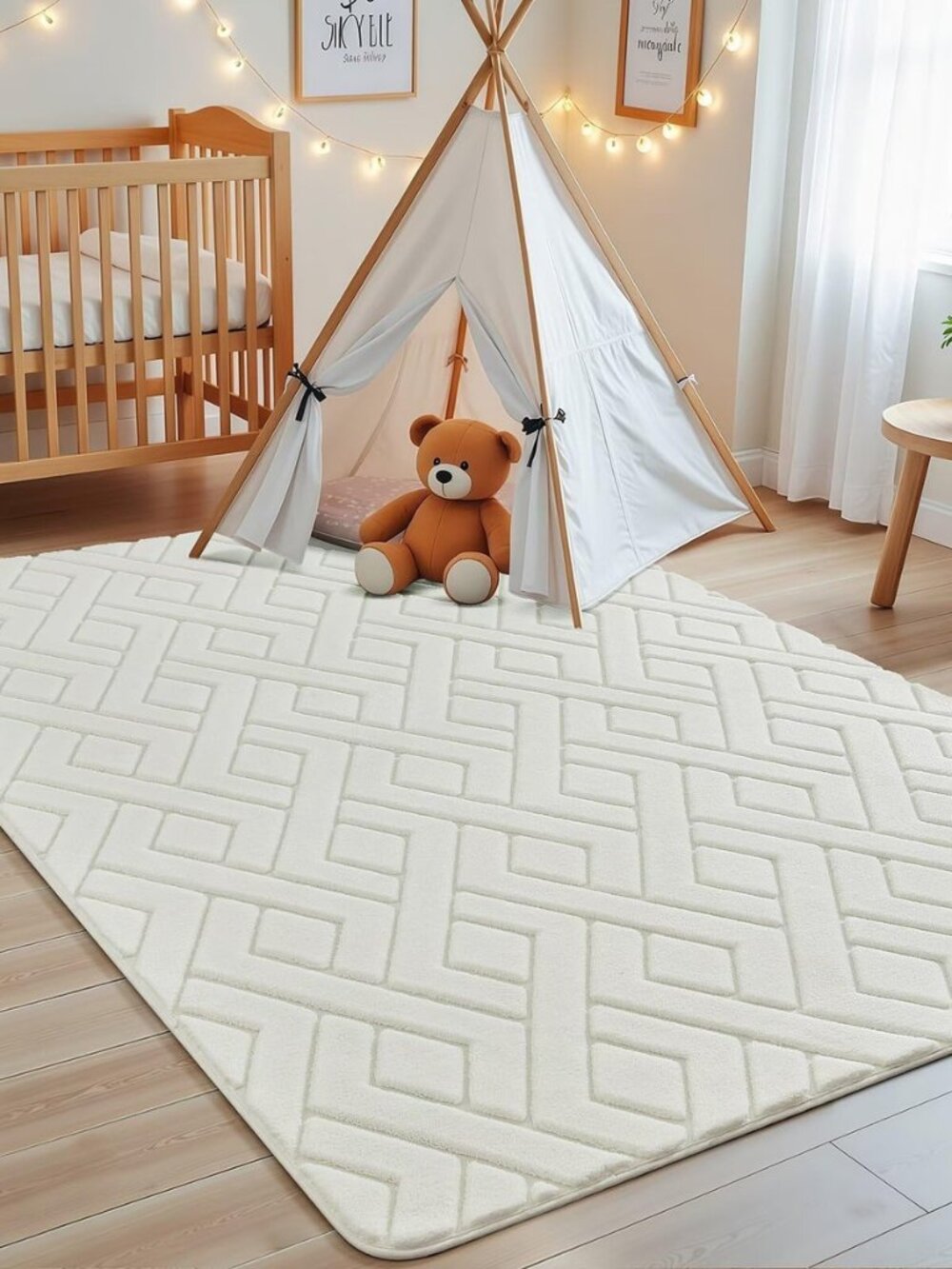 Soft Area Rug for Girls Bedroom, 3x5 White Geometric Shag Rugs